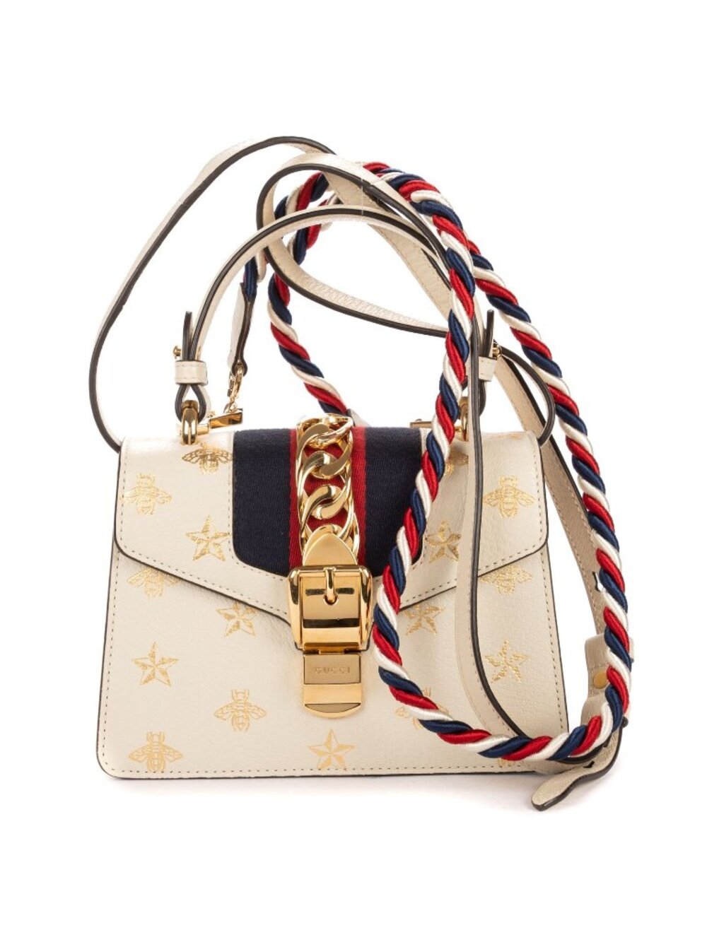 Gucci Mini Silver Chain Bag Ivory Gold Print Calfskin Leather